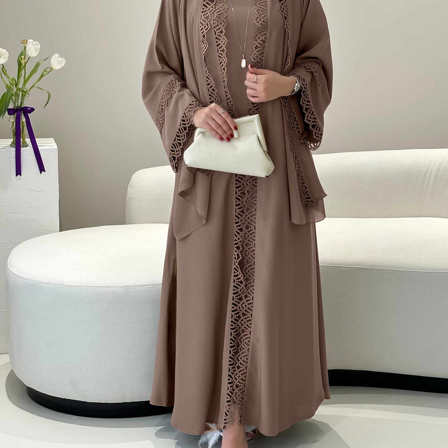 2pcs Muslim Kaftan Abaya Set with Lace Trim | Plus Sleeveless Vest Skirt, Headscarf, for Ramada