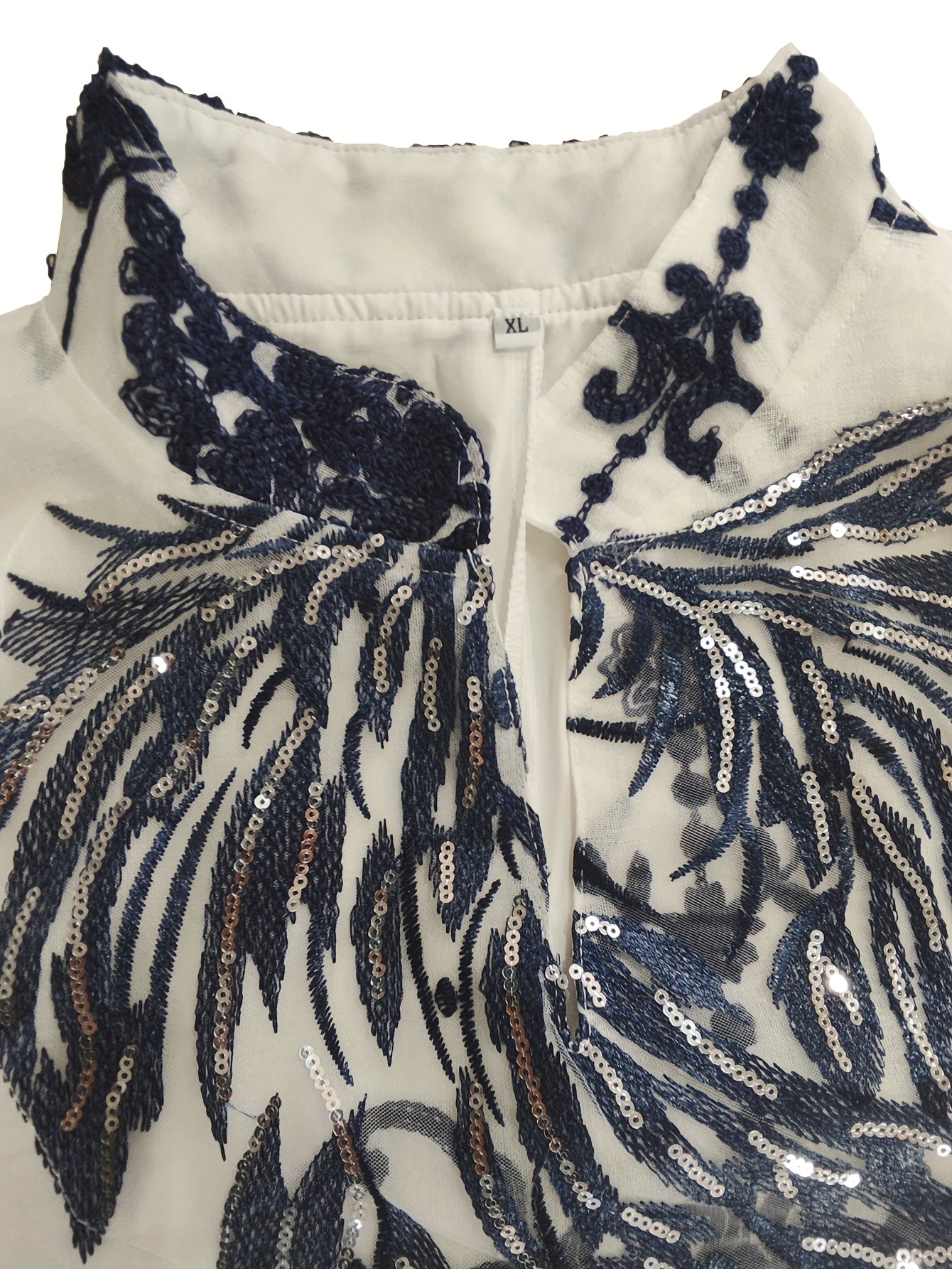 Elegant Blue & White Floral Embroidered Sequin Long Sleeve Maxi Kaftan Abaya - Stand Collar, Polyester, Machine Washable, All-Season Wear for Women