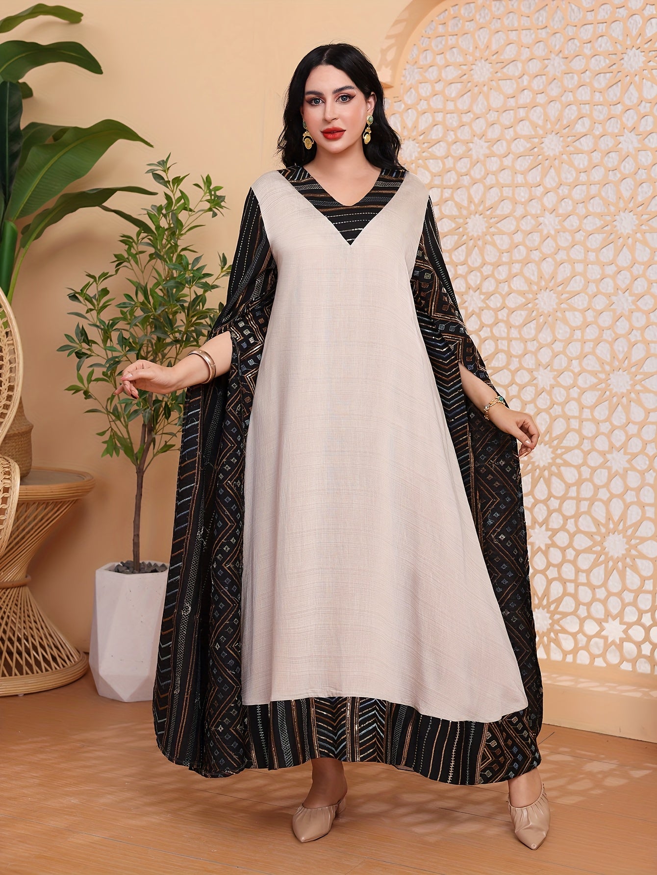 Directional Heavy-Duty Golden-Colored Beaded Embroidery Arabic Women's Elegant Kaftan Abaya with V-Neck, Majestic and Fashionable Traditional 2025 Spring/Summer