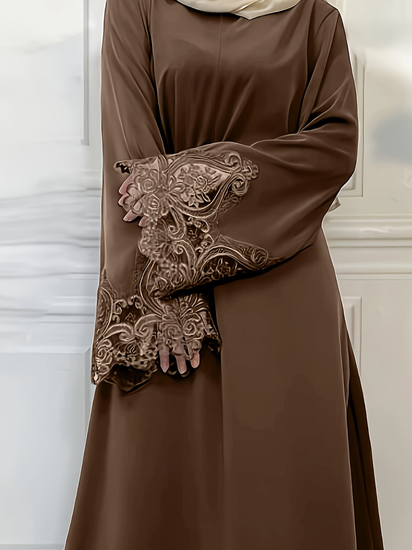 Middle Eastern Style Brown Women's Turkish Abaya Robe | Machine Washable Solid Lace Trim & Tie-Front Closure, All-Season Modest Dress for Casual & Formal Wear, Formal Cover Clothing