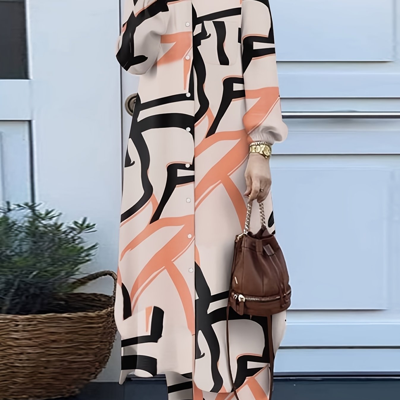 Elegant Geometric Print Pakistani Abaya with Long Sleeves and Button Front - Stylish Muslim Fashion, All-Season Wear, Pants and Top Set, Allseason Abaya|Geometric Print Abaya|Long Sleeve Top