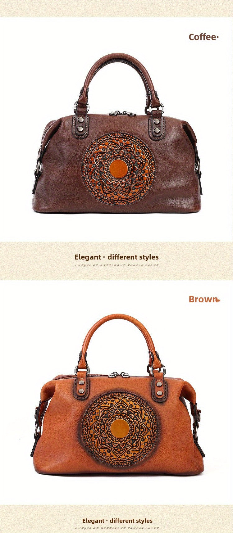 Women's Genuine Leather Satchel Business Handbag - Light Brown Geometric Retro Totem Design, Large Capacity Convertible Shoulder/Handbag with Adjustable Strap