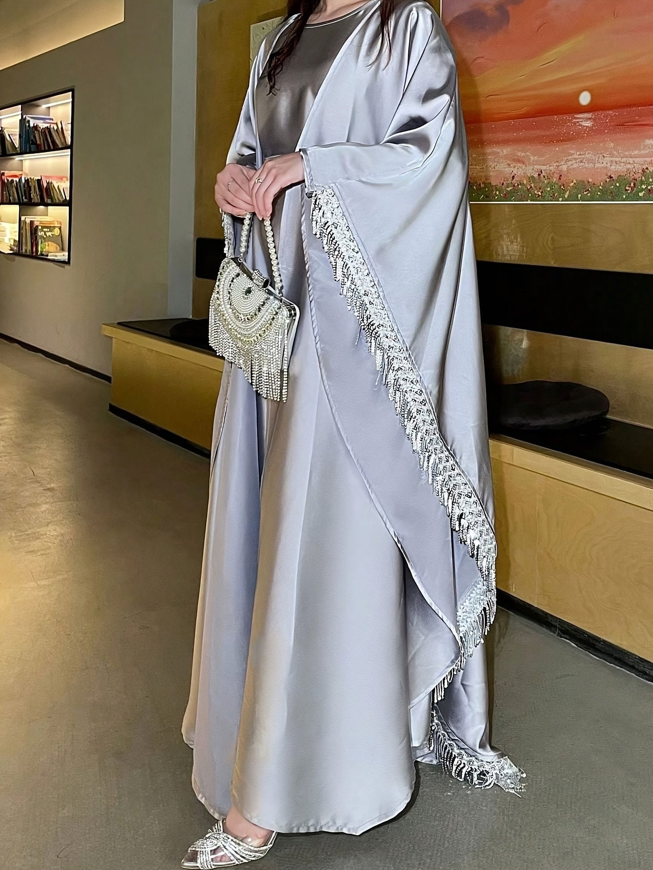 2pcs Women's Fashion Abaya Dress and Cardigan Set with Belt, Suitable for Daily Wear, Parties, and Events