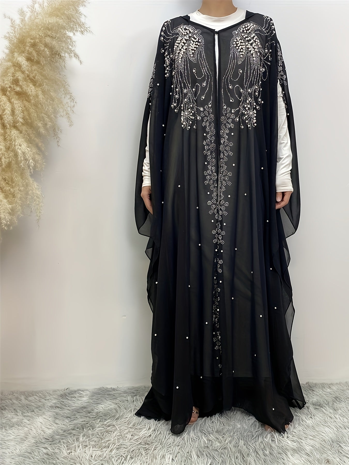 Luxury Chiffon Rhinestone-Embellished Hooded Muslim Kimono Abaya with Batwing Sleeves - Long Formal Party Gown, Machine Washable Elegant Modest Evening Dress for Spring/Summer