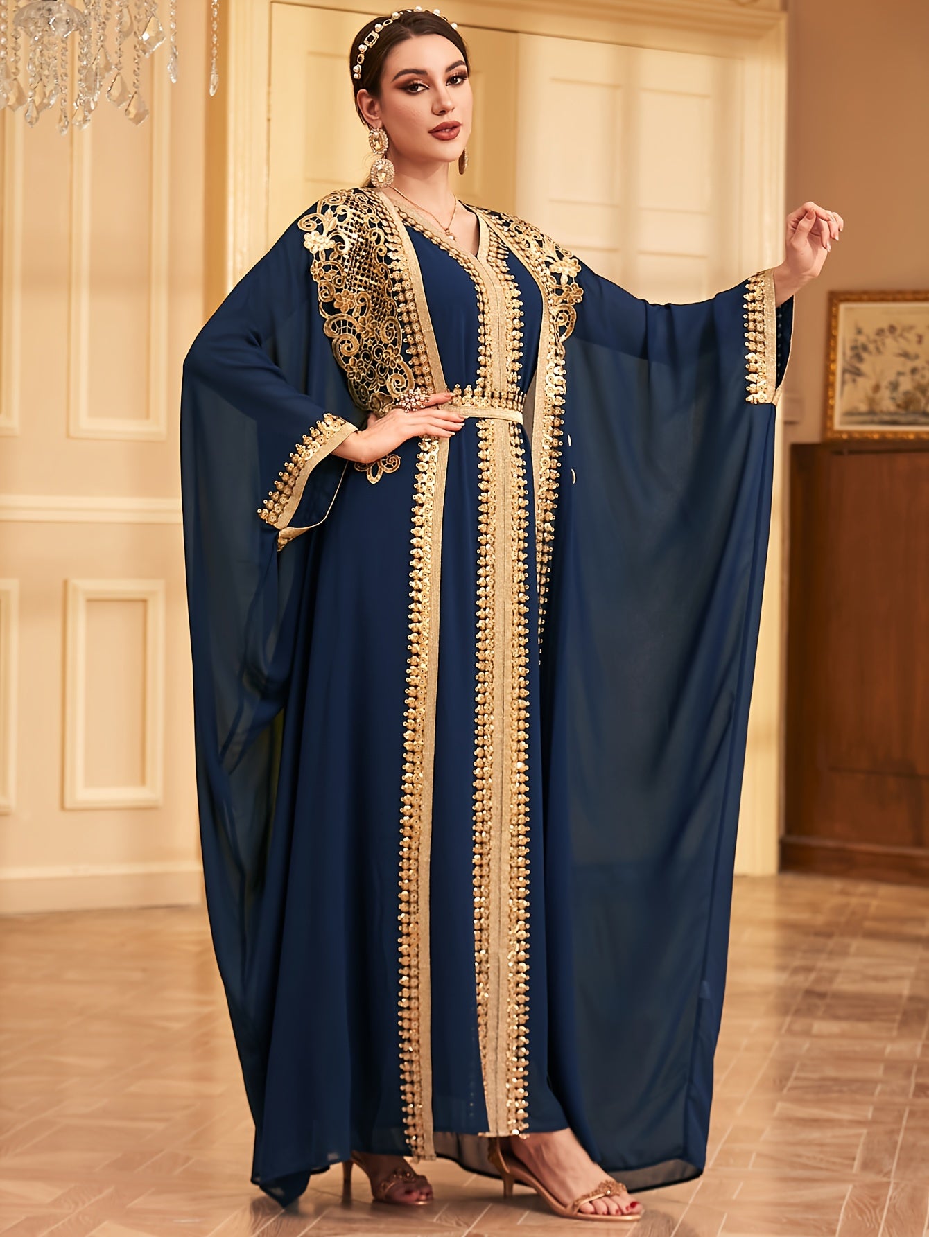 Middle Eastern Muslim Lace Weft Vest Abaya Gown Dress + Cardigan Sequin Embroidery Bat Sleeve Loose Robe Jacket Two-piece Set