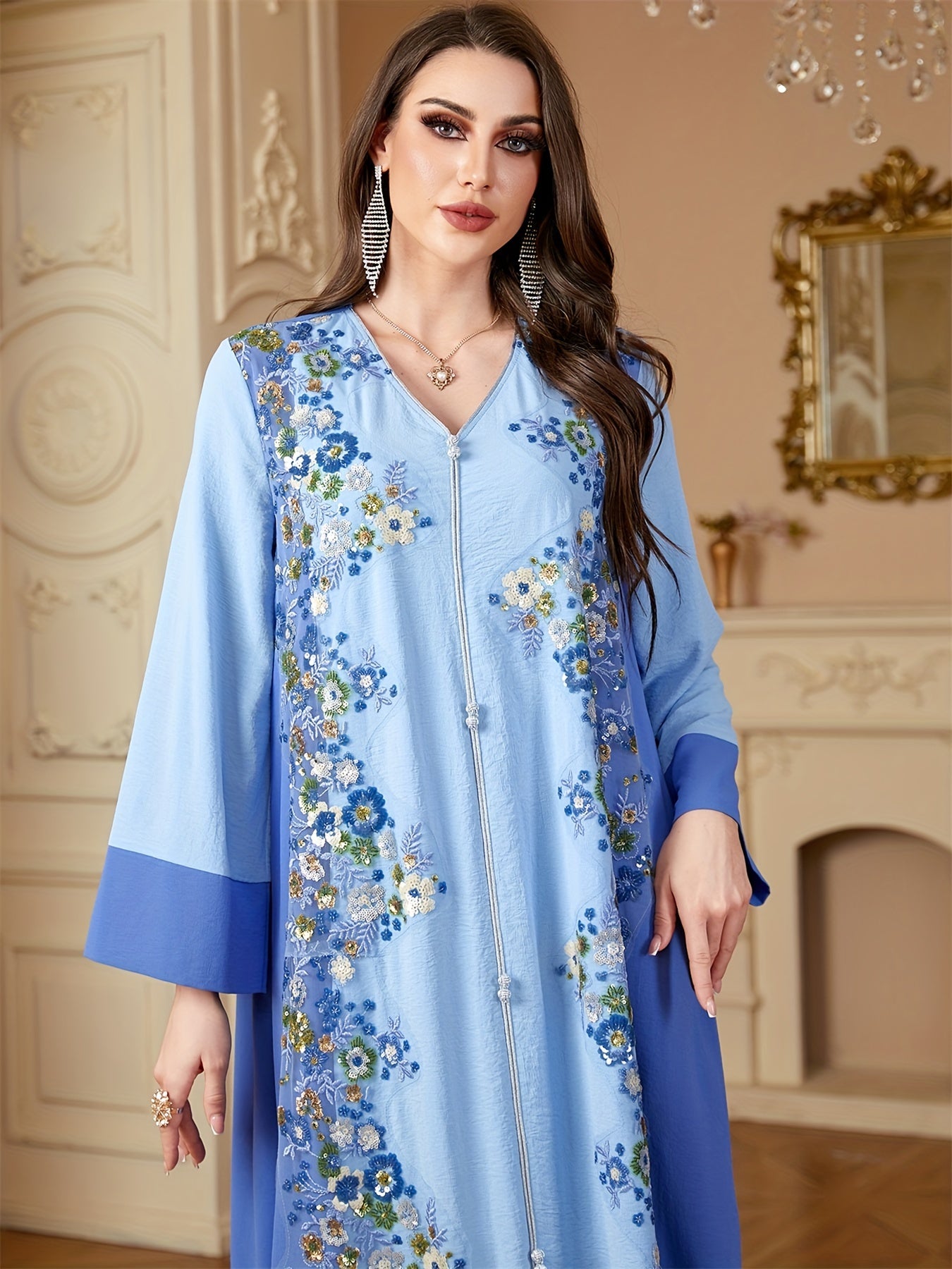 Muslim Women's Elegant Abaya Kebaya - Long Formal & Everyday Islamic Dress with Beaded Neckline, Non-Stretchy Long Sleeve Maxi, for Ramadan, Weddings, Hajj - Modest Wedding Guest Gown, Muslim Dress, Religious Event Attie