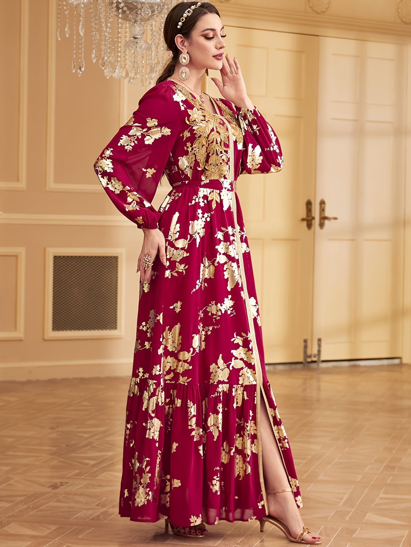 1pc Elegant Embroidered Long Sleeve Modern Abaya with Golden Accents, Polyester 100%, Regular Fit, All-Season Floral Print with Slit Hem and Waist Belt