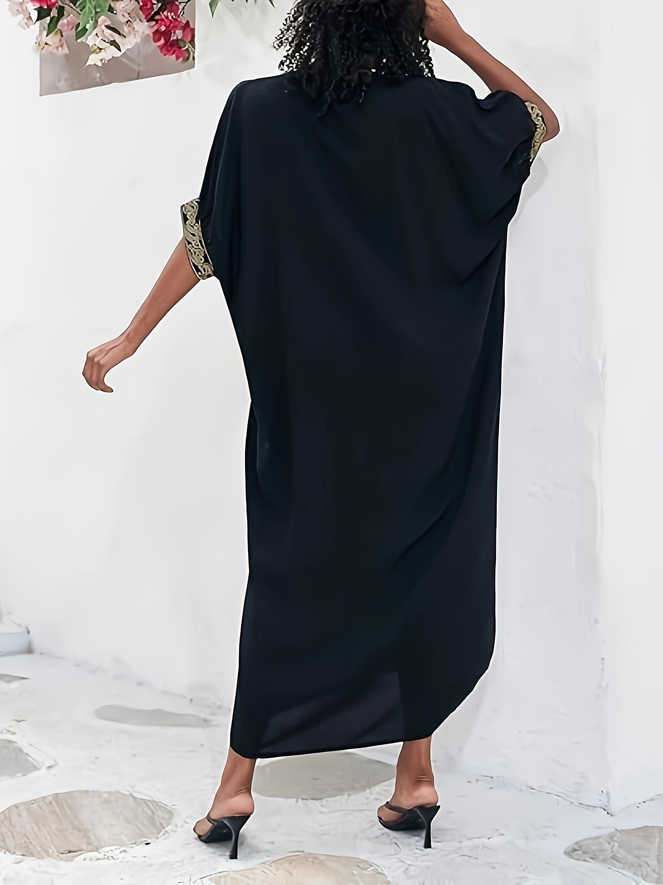 Elegant Black and Golden Kaftan Dress for Women - V-Neck, Loose Fit, Mid-Length Beach Cover-Up