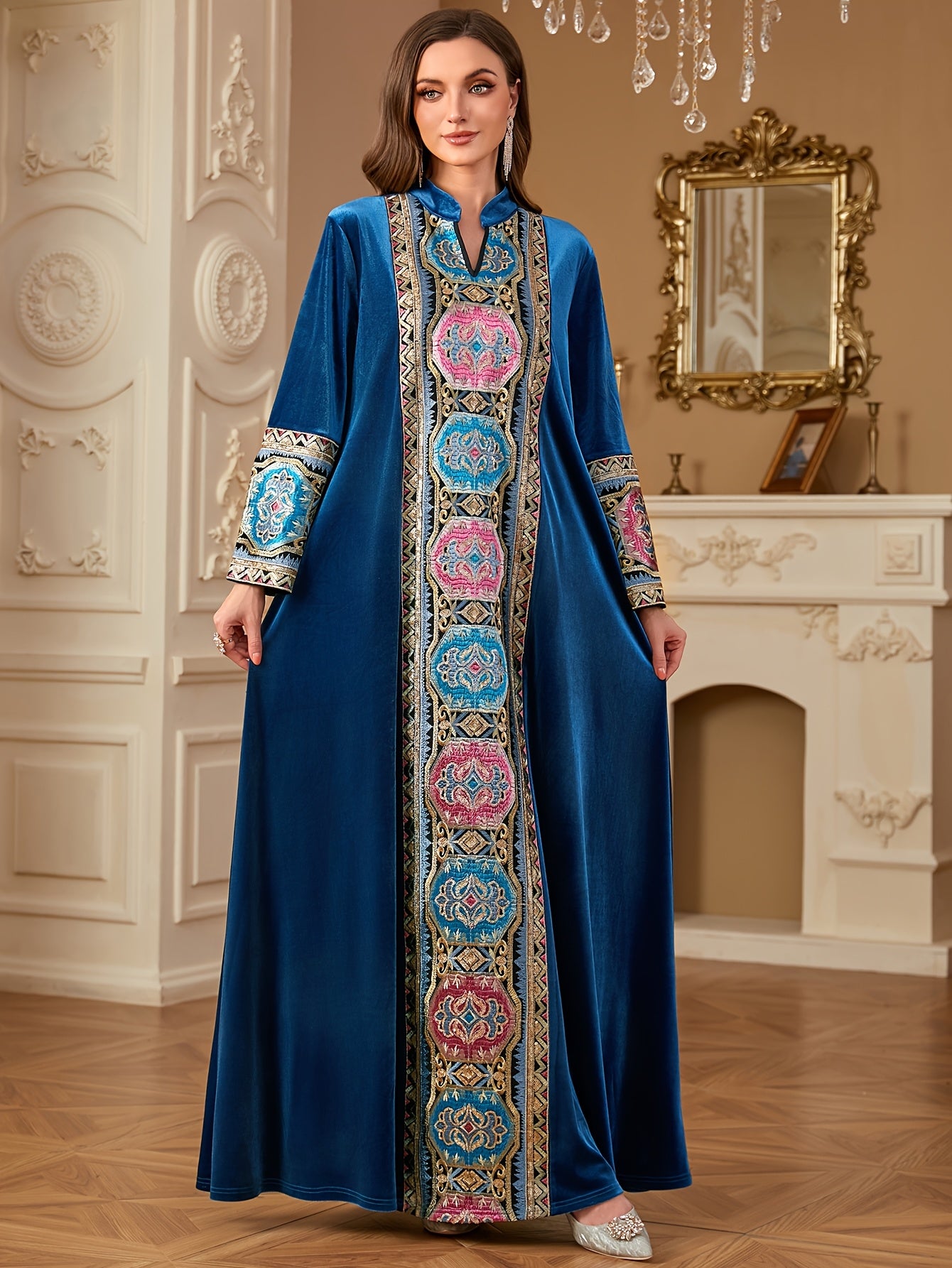 Women's Middle Eastern-Inspired V-Neck Long Sleeve A-Line kaftan Abaya - Burgundy with Multicolor Embroidery, Loose Fit Floor-Length Traditional Elegance for Autumn/Winter, Machine Washable