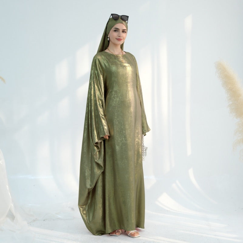 Elegant Turkish Abaya Dress - Spliced Dubai Style, Long Sleeve, Floor-Length, Polyester, Green, Blue, Black, White, Beige, Brown, with Golden Accents, Perfect for Formal Events, Formal Attire