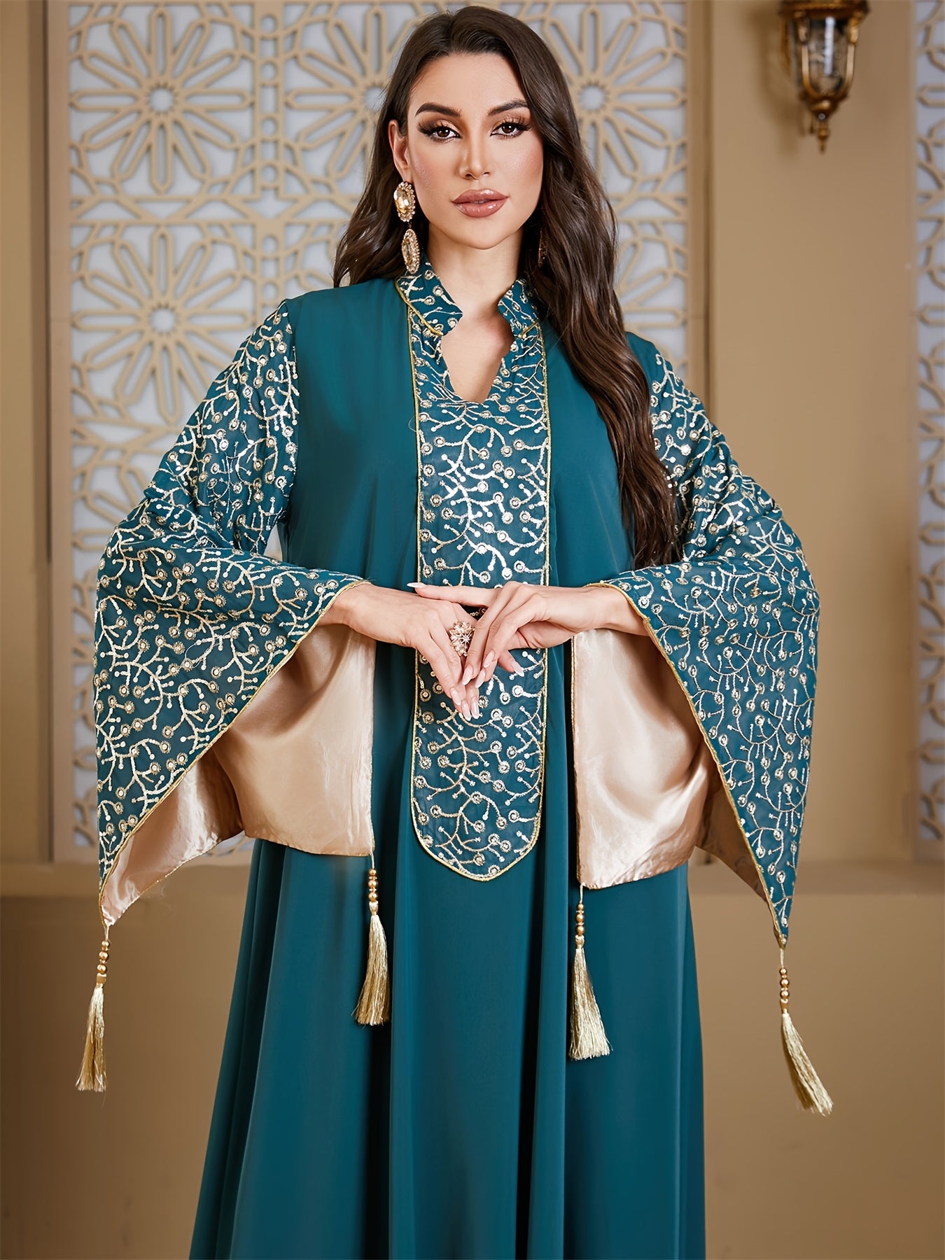 Elegant Muslim Kaftan Abaya Evening Dress with Floral Embroidery & Tassel Flare Sleeves - Navy Blue Maxi Abaya for Women, Middle Eastern-Inspired Traditional Gown, Hand Wash/Dry Clean
