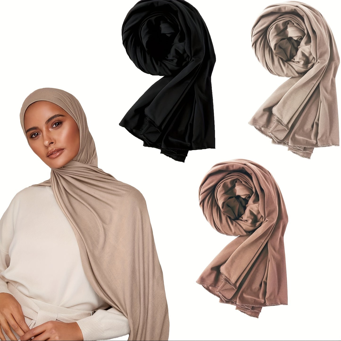 3pcs Women'S Small Size Muslim Bamboo Jersey Hijab Set - Elegant Solid Color Hijab Scarf with Head Cover & Shawl, Soft Breathable Woven Fabric, Non-Stretch Fit for Ramadan, Daily Wear & Special Occasion