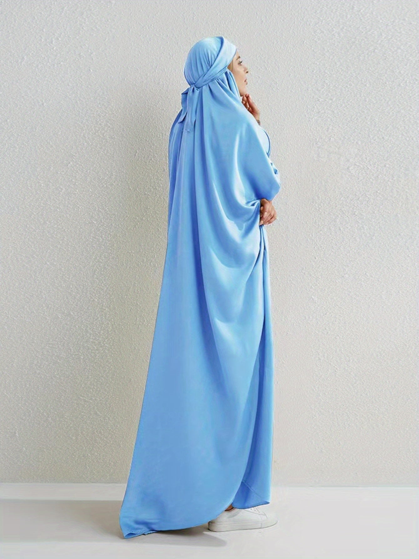 Elegant Loose-Fit Abaya Robe with Built-In Headscarf - Modest Ramadan Prayer Dress, Long Sleeve Butterfly Cuff Traditional Middle Eastern Full-Length Cover Dress, Solid Color Machine Washable, Religious Attire, Allseason Wear