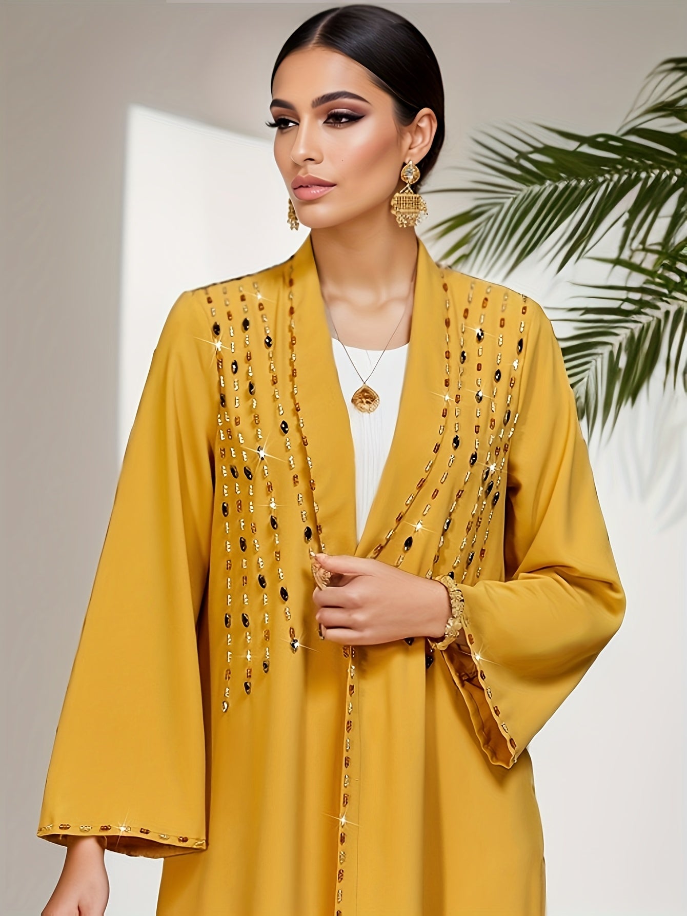 Women's Middle Eastern Abaya - Elegant Long Robe with Long Sleeves, Open Front Mustard-Yellow Islamic Dress for Wedding, Formal Events - Non-See-Through Formal Attire