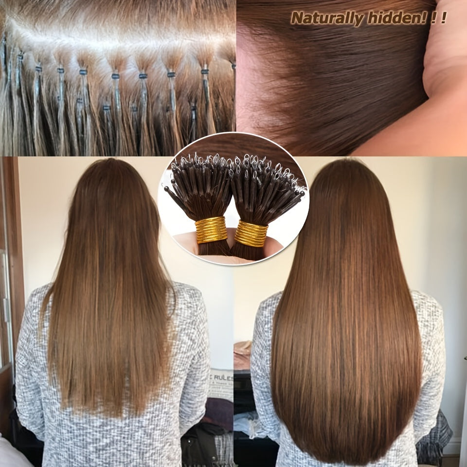 100% Human Hair Extensions - 50 Strands Nano Rings, Thick, Smooth, Remy Hair