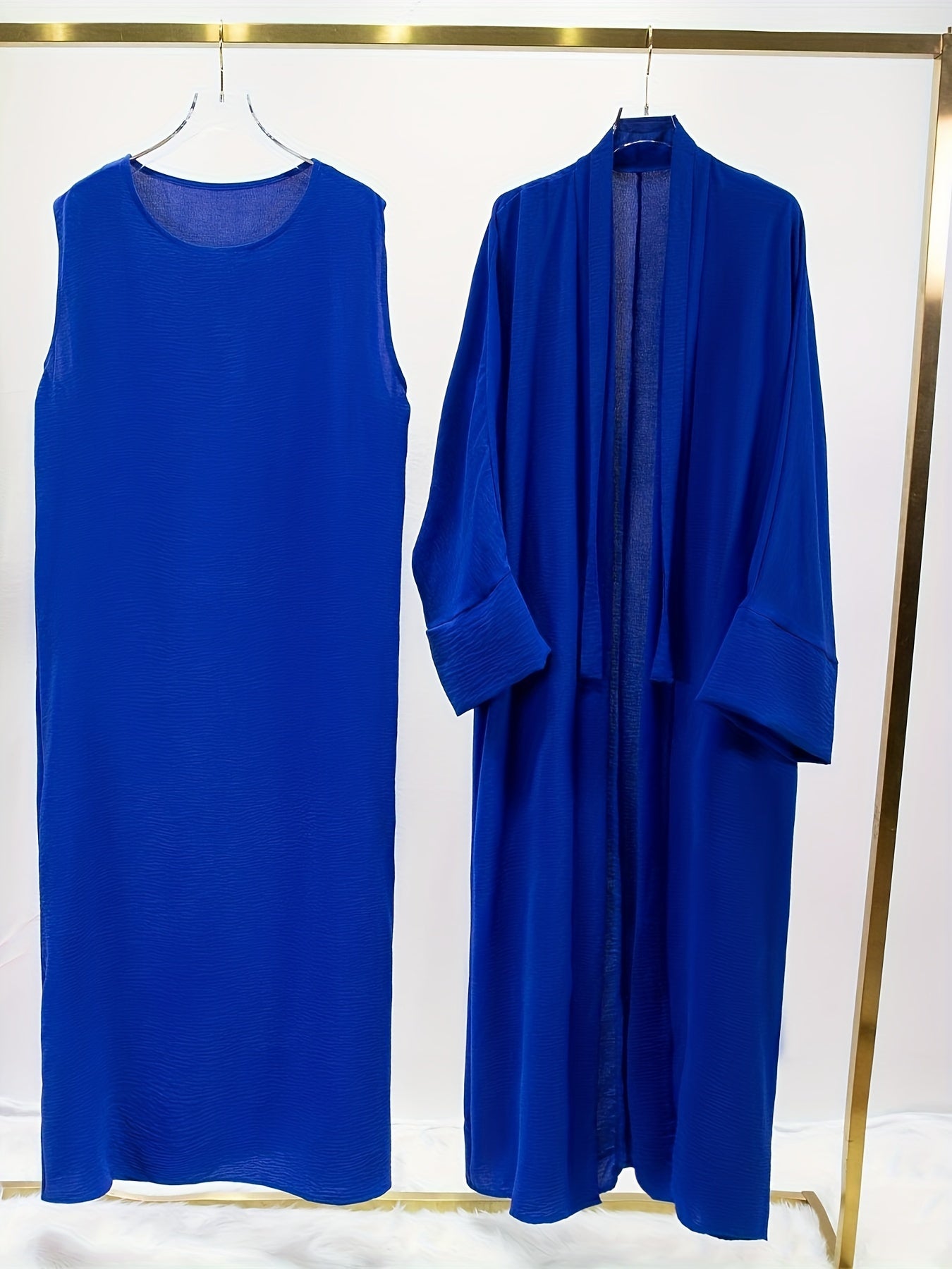 Ramadan Solid Color Modest Pakistani Abaya Set, Casual Crew Neck Sleeveless Tank Dress & Open Front Long Sleeve Tie Cardigan Outfits, Women's Clothing