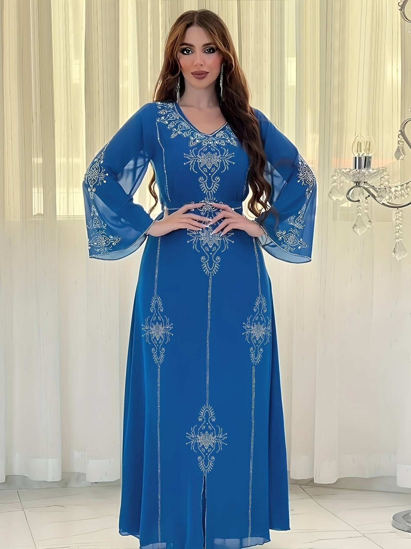Elegant Rhinestone Embellished Chiffon Dress - Summer Long Robe for Women, Polyester, Machine Washable, Middle Eastern Style Palestinian Abaya