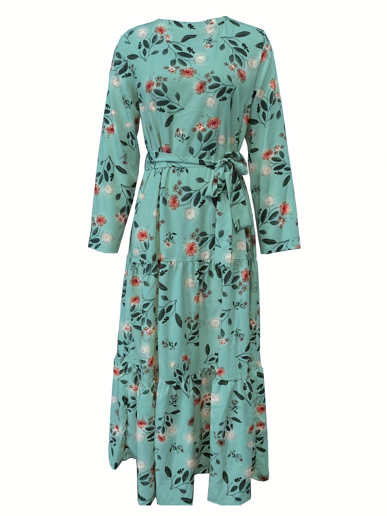New Women's Elegant Middle Eastern Kaftan Abaya - Black Floral Print with Red Flowers, Long Sleeve Lace-Up Modest Dress, Machine Washable for Spring Summer Fall, Abaya Dress Fancy