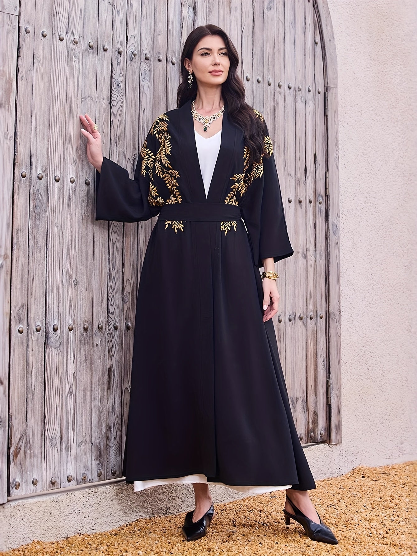 Women's Elegant Islamic Emirati Abaya Robe - Long Sleeve Islamic Dress with Belt, Non-Stretchy Formal & Everyday Muslim Clothing for Mosque, Travel, Home - Modest Abaya Gown, Mosque Attire