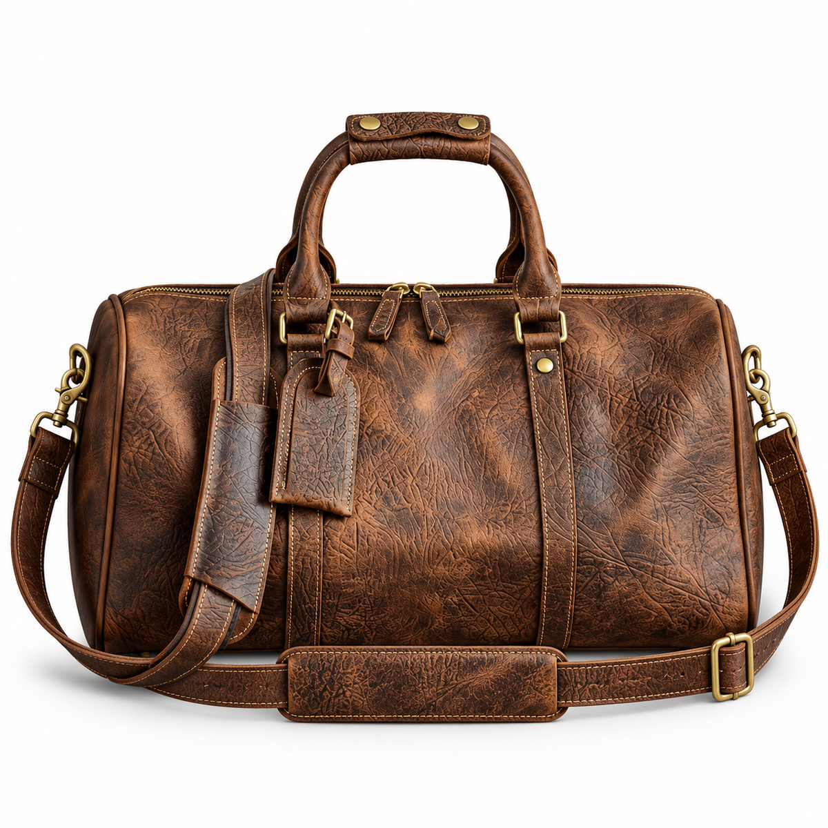 Vintage Brown Textured Leather Duffel Bag