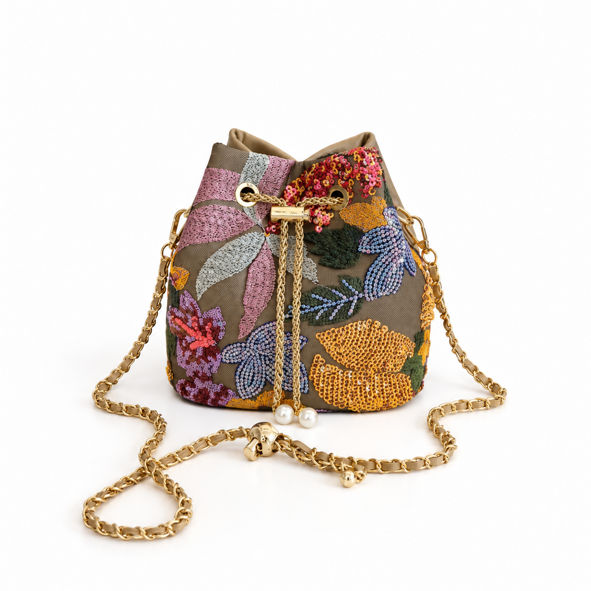 Floral Embroidered Sequin Chain Bucket Bag