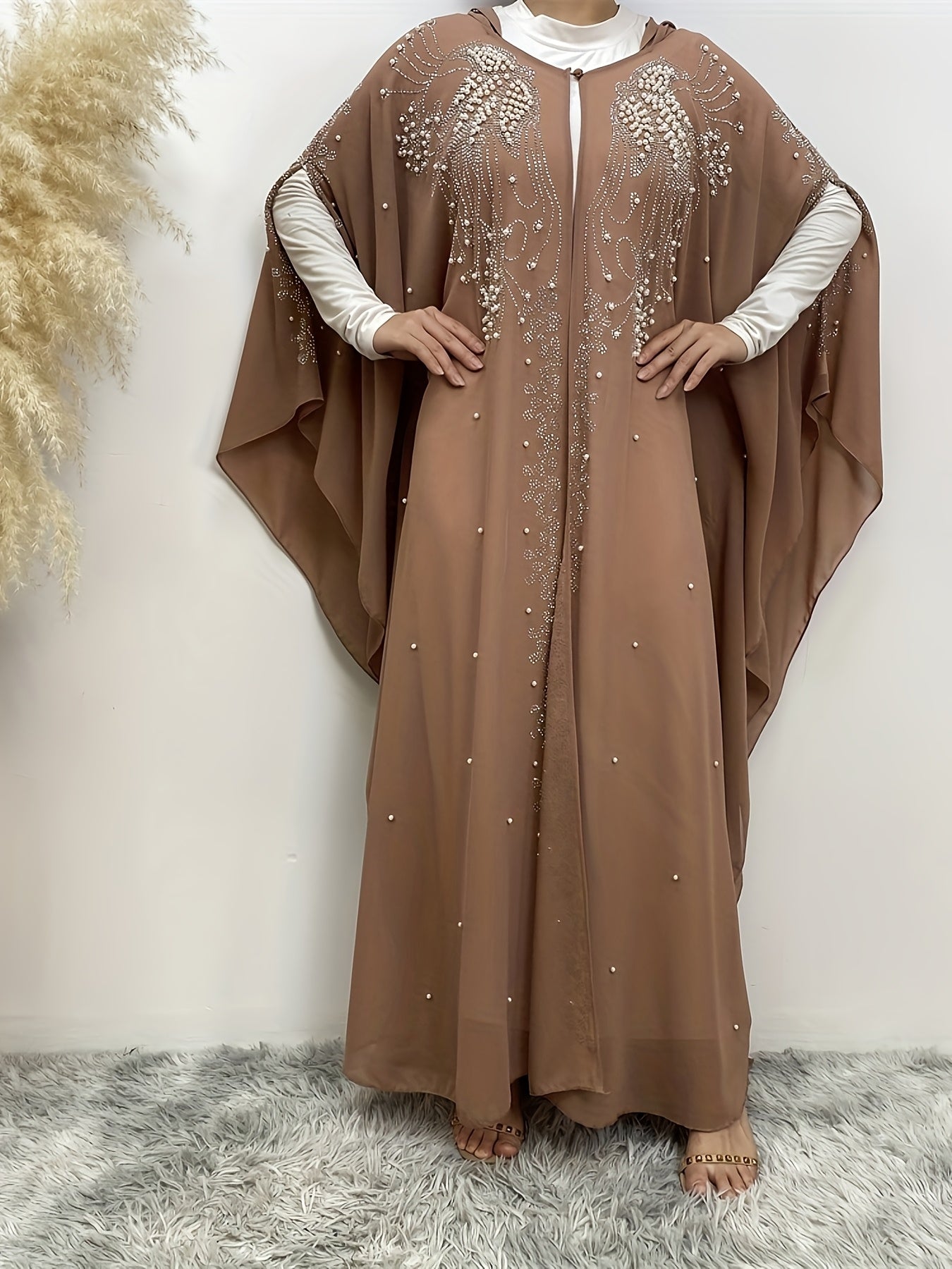 Luxury Chiffon Rhinestone-Embellished Hooded Muslim Kimono Abaya with Batwing Sleeves - Long Formal Party Gown, Machine Washable Elegant Modest Evening Dress for Spring/Summer