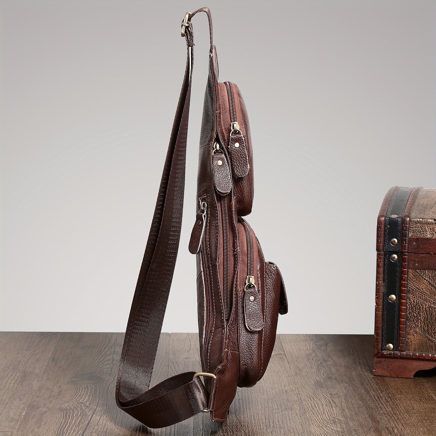 Genuine Leather Sling Bag for Men & Women - Adjustable 41.33" Crossbody Chest Pack with Multiple Zippered Compartments