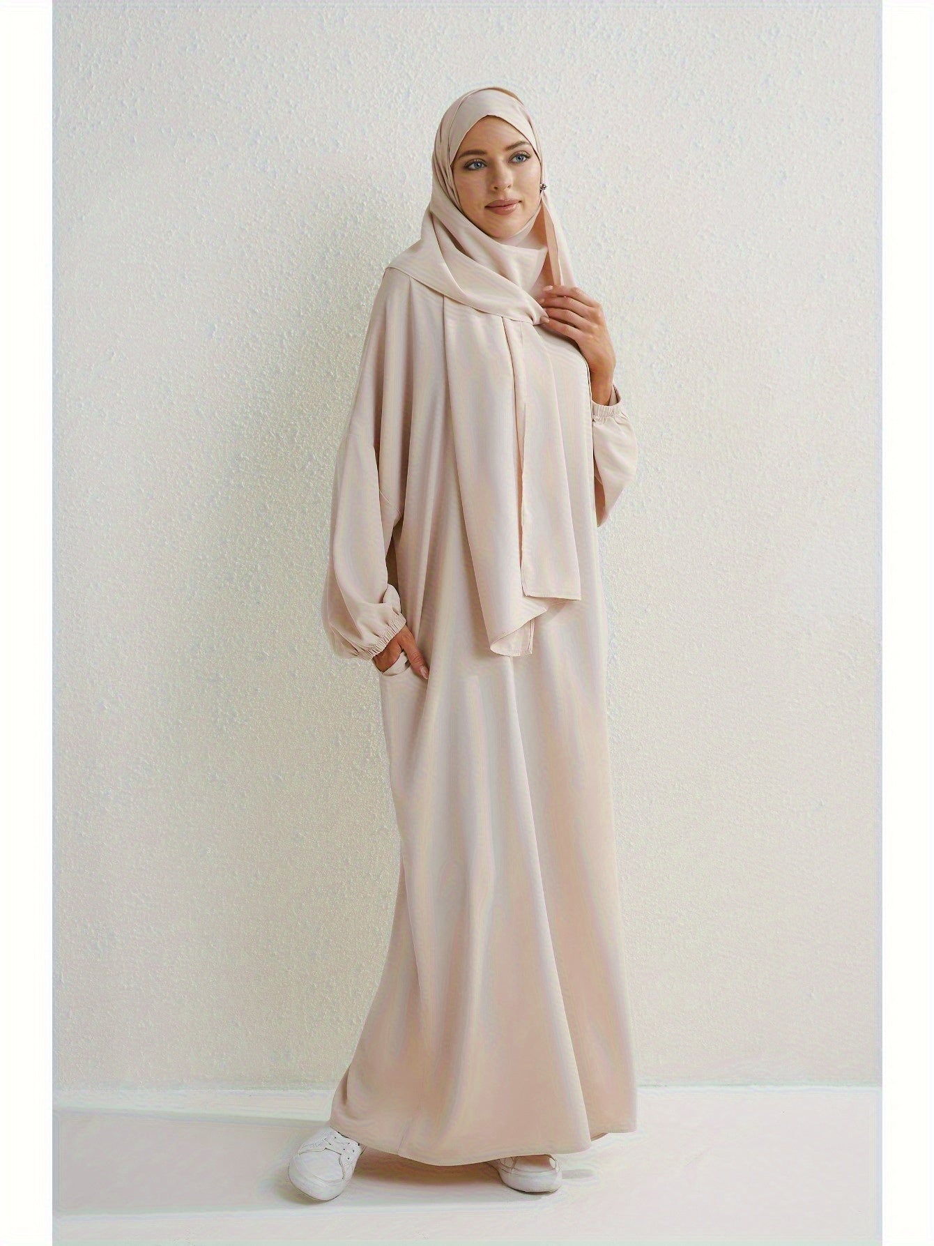Elegant Islamic Hijab Dress for Women - Kaftan Style with Headscarf, Modest Middle Eastern Long Skirt Jibab Abaya, Loose Fit H-Silhouette, Long Sleeve Asymmetrical Hem, Solid Color Beige, Machine Washable for Ramadan Prayer & All Occasio