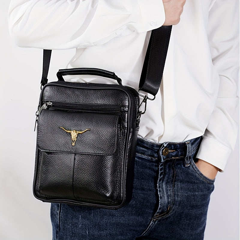 Men's Genuine Leather Crossbody Bag - Stylish Retro Business Shoulder Tote Bag with Adjustable Strap, Multiple Compartments & Zipper Pockets