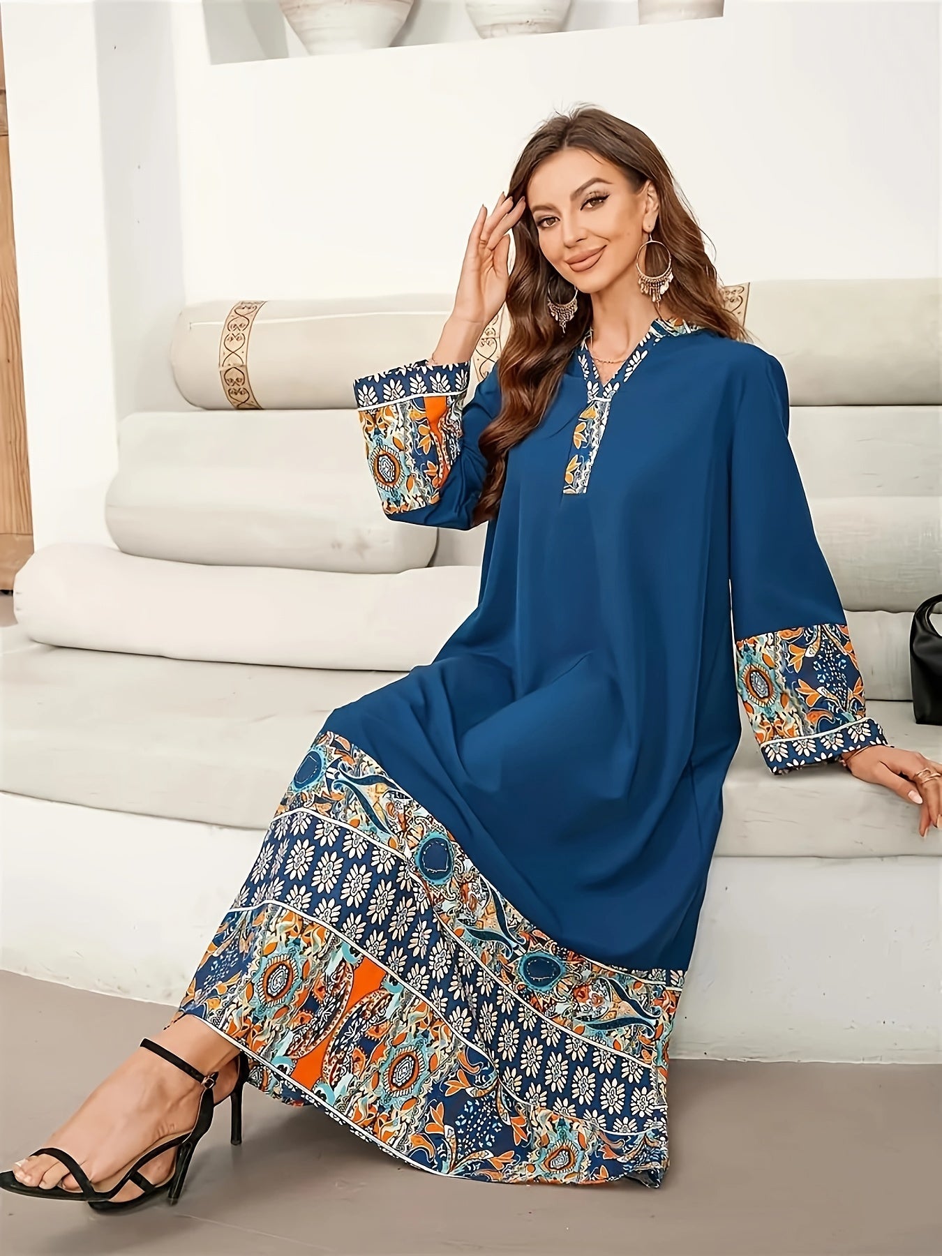 Elegant Muslim Kaftan Abaya Dress | Middle Eastern-Inspired Ethnic Floral Print with Blue/Orange/White/Black, Asymmetrical Hem & Lace Trim, X-Line Silhouette, Adjustable Waist Tie for Modest Women