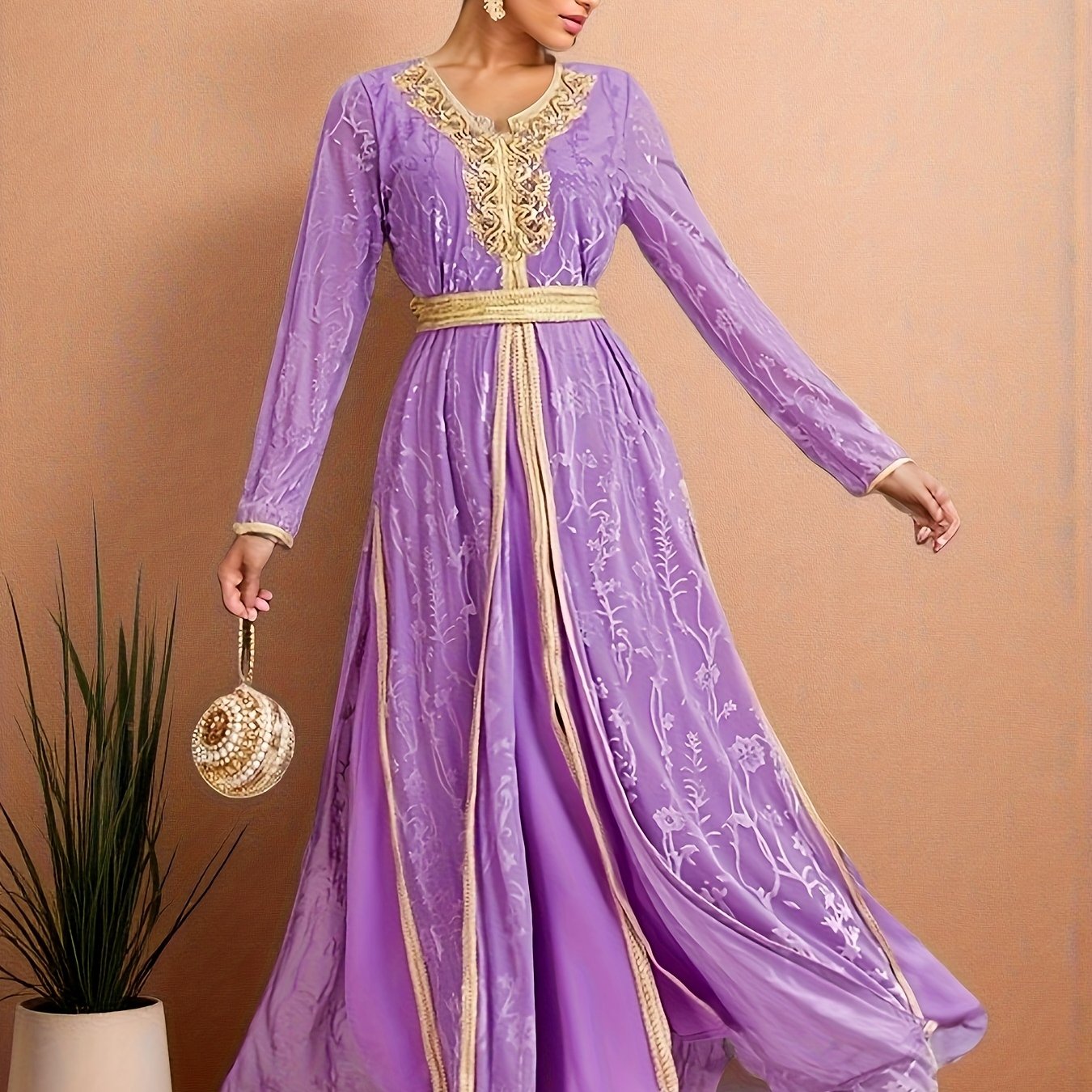 Elegant Women's Emirati Abaya Dress - Long Sleeve, Lace Detailing, Belted Waist, Flowing Design, Solid Purple, Perfect for Spring/Summer Casual Wear, Cultural Fashion, Elegant Attire | Flowing Abaya