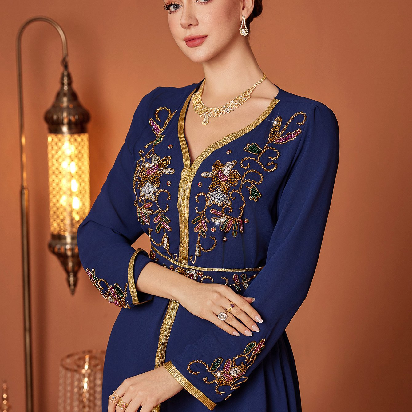 Elegant Navy Blue Embroidered Abaya Dress with Golden Accents and Belt - Long Sleeve, V-Neck, Polyester, Perfect for Spring/Summer, Women's Fashion, Elegant Event Attire|Vneck Dress|Polyester Fabric
