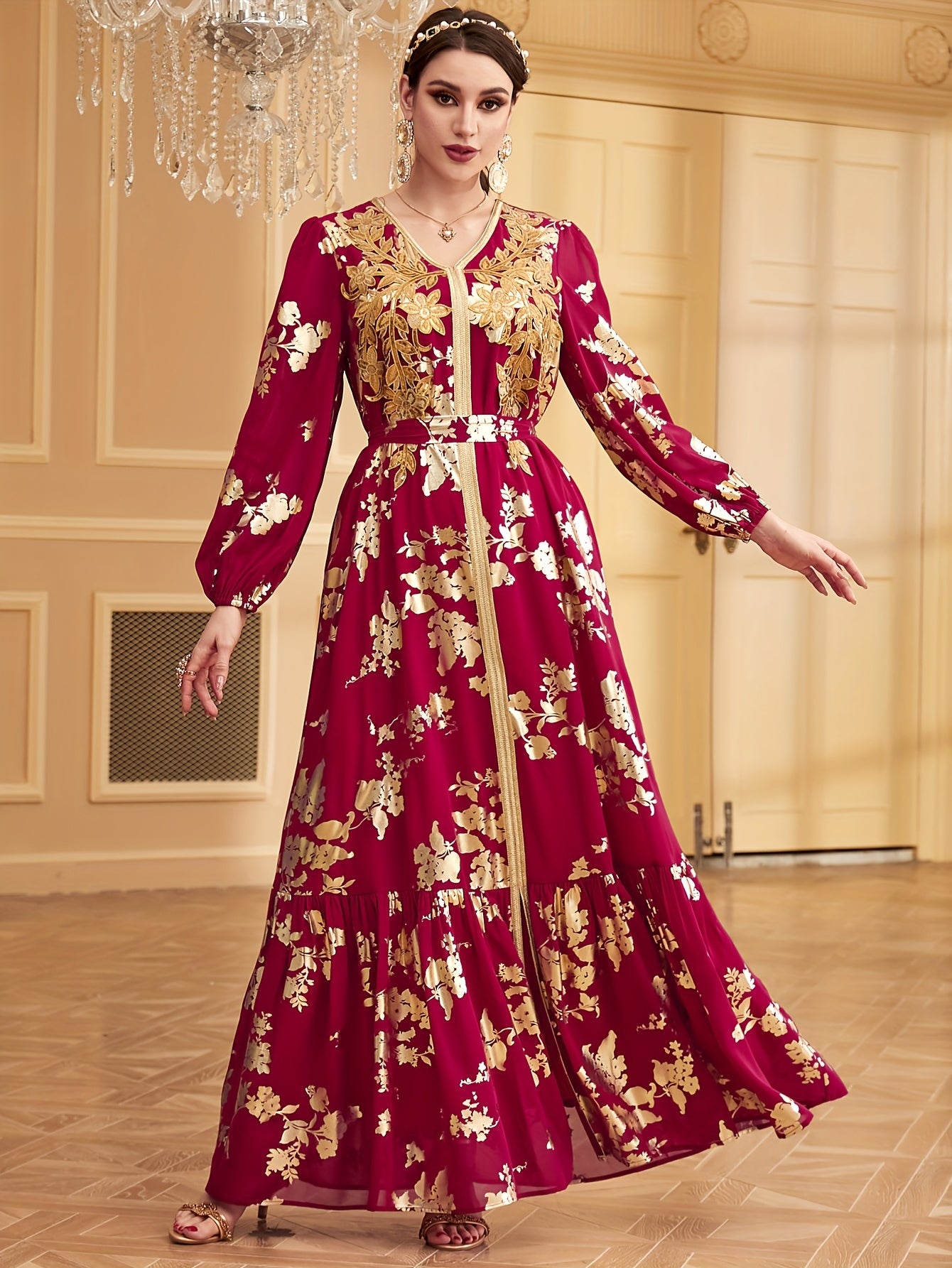 1pc Elegant Embroidered Long Sleeve Modern Abaya with Golden Accents, Polyester 100%, Regular Fit, All-Season Floral Print with Slit Hem and Waist Belt