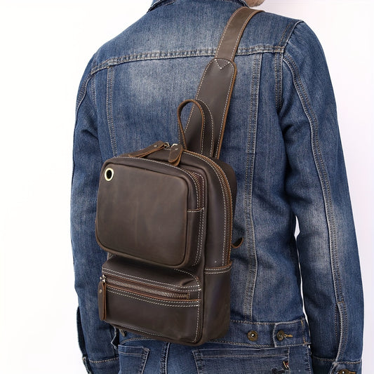 Genuine Leather Sling Bag, Vintage Crossbody Daypack, Retro Chest Shoulder Bag With Adjustable Strap