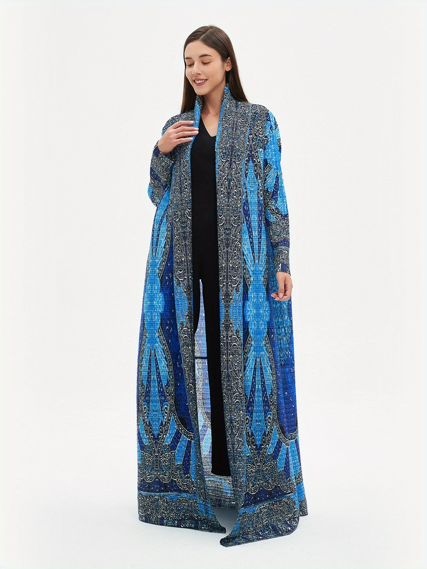 2025 Summer New Miyake-Style Kaftan Abaya, Long Sleeve, High-Elasticity Polyester Dress with Geometric Print, Belted Waist Design - Versatile for Daily Commute & Formal Occasions