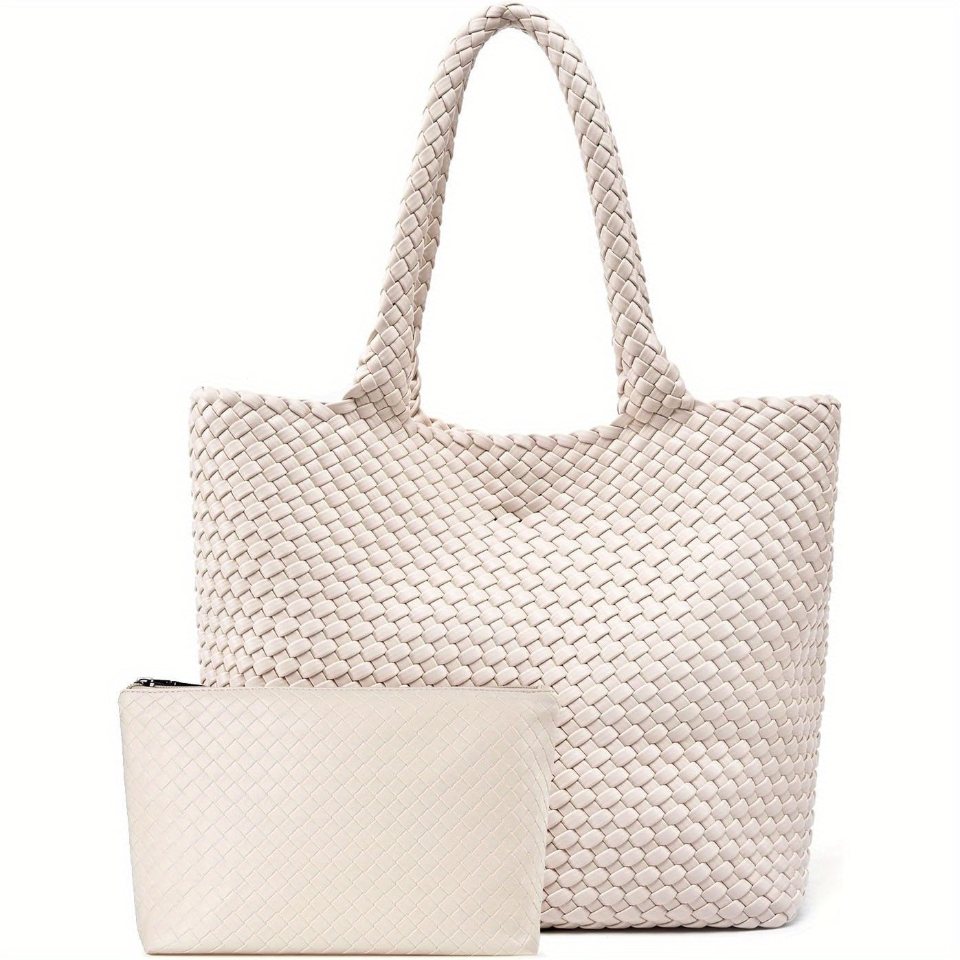 Women's Vegan Tote Bag - Large Woven Handbag with Zipper Closure & Wrist Strap, White & Brown Striped Design, Durable Oil-Edged Finish for Casual or Formal Use