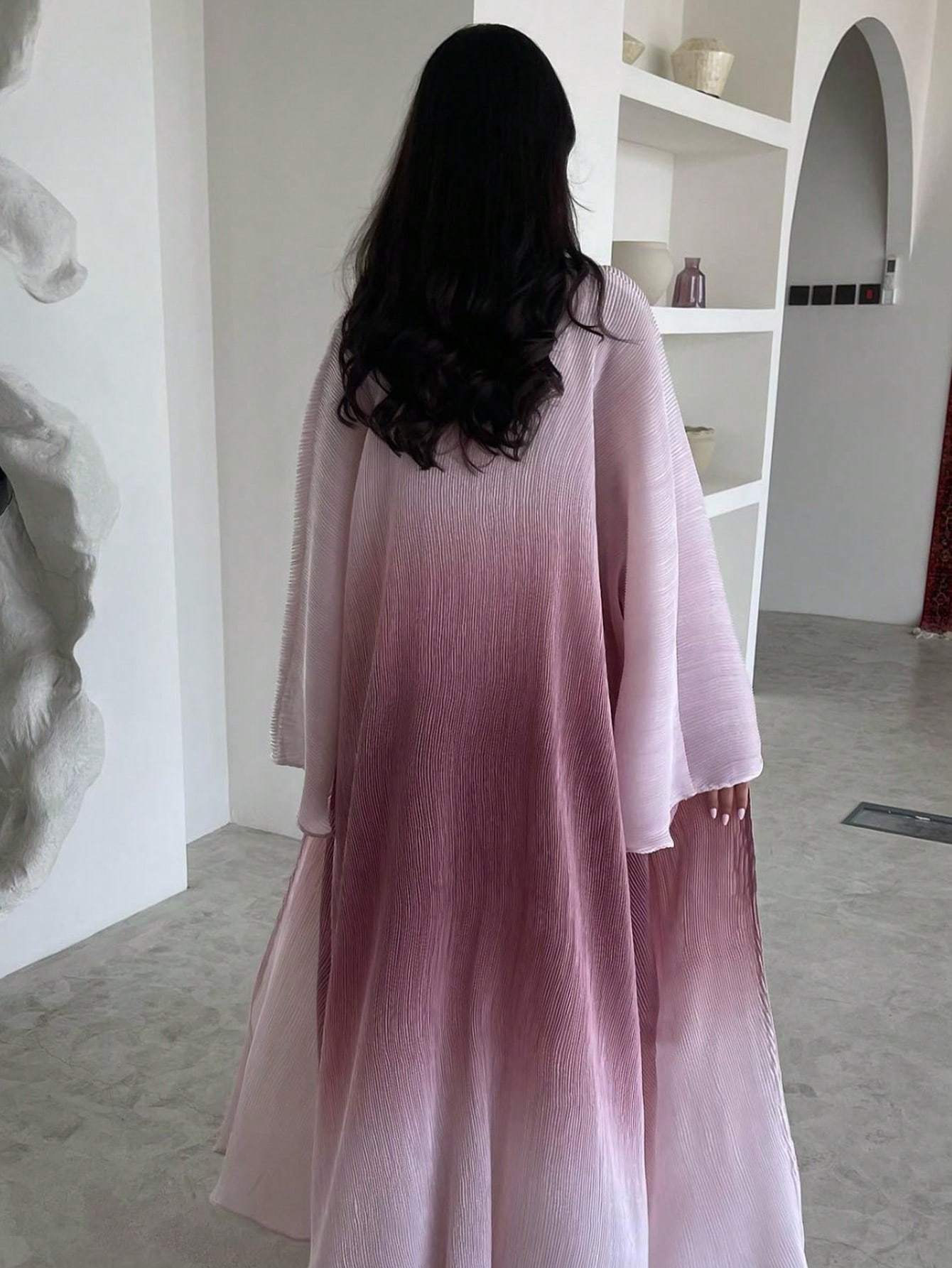 Plus Size - 1pc Plus Size Women's Elegant Abaya - Long Sleeve, Ruffle Bell Sleeves, Loose Fit Floor-Length Kaftan Dress, Non-Stretch Fabric, All-Season Wear, Casual Weekend Outfit