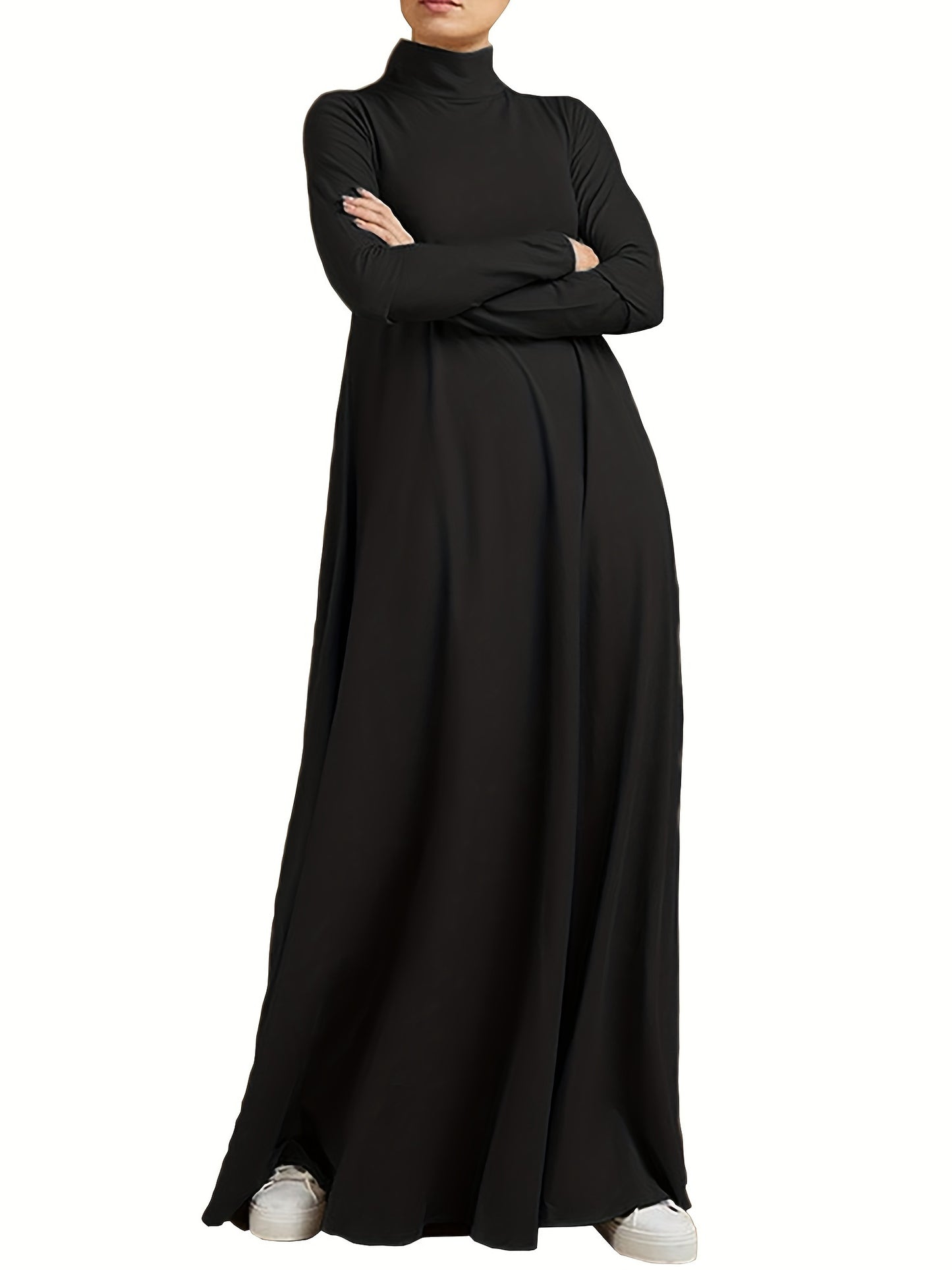 Solid Color High-Neck Long Arabic Abaya for Women in Muslim Style