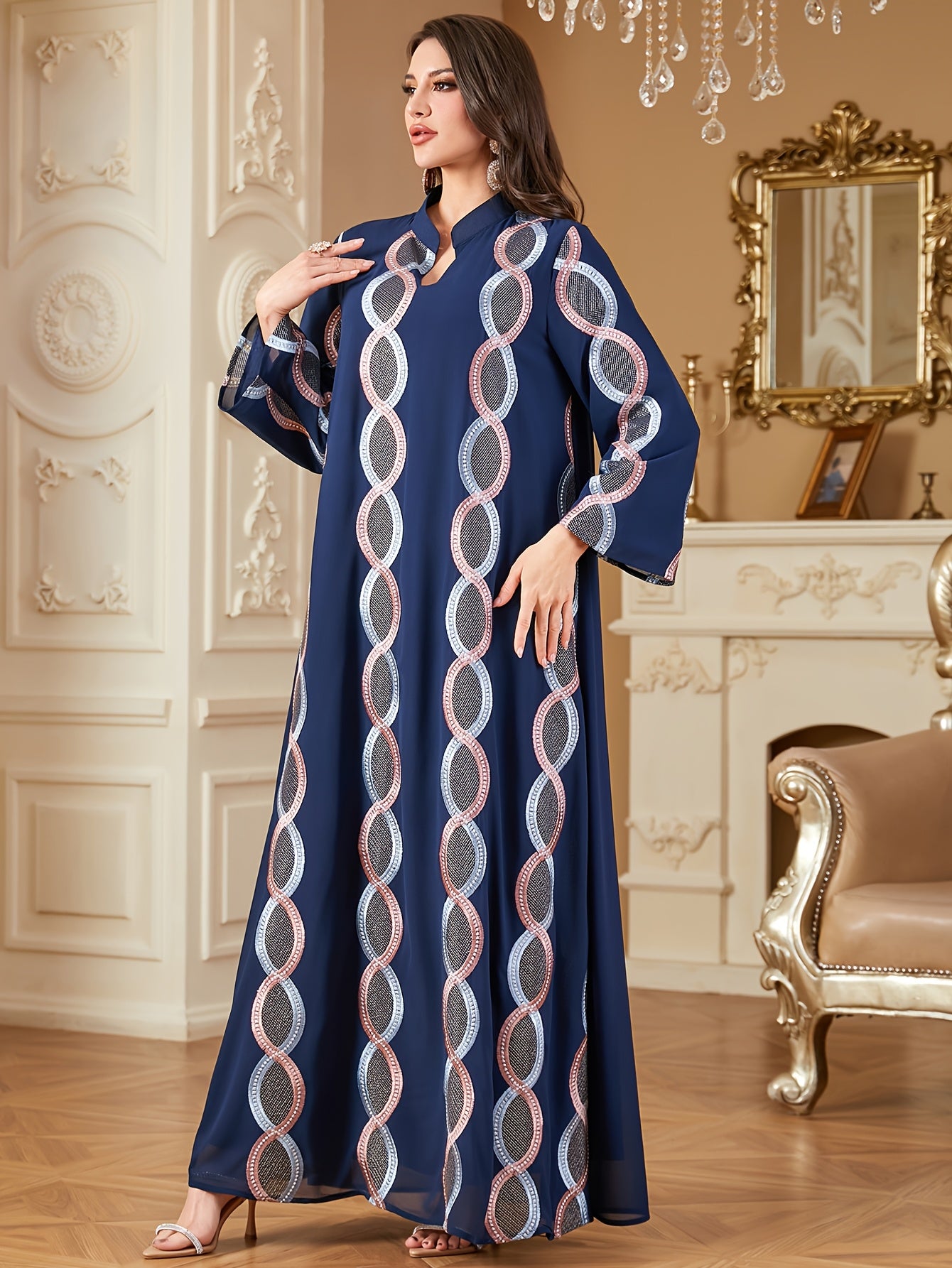 Elegant Navy Blue Embroidered Long Sleeve Maxi Modern Abaya - Stand Collar, A-Line Silhouette, Polyester, Machine Washable, All-Season Wear for Women
