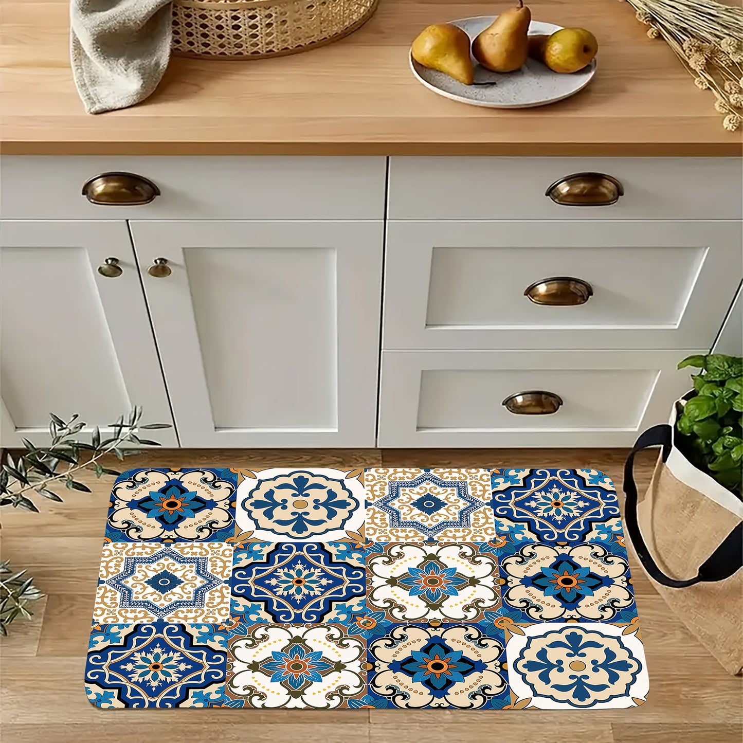 Sponge Thickness 10mm Density 18D Square Meter Weight 500g Set of 1/2/3 Kitchen Bathroom Rugs, Decorative Mats with Traditional Portuguese or Moorish