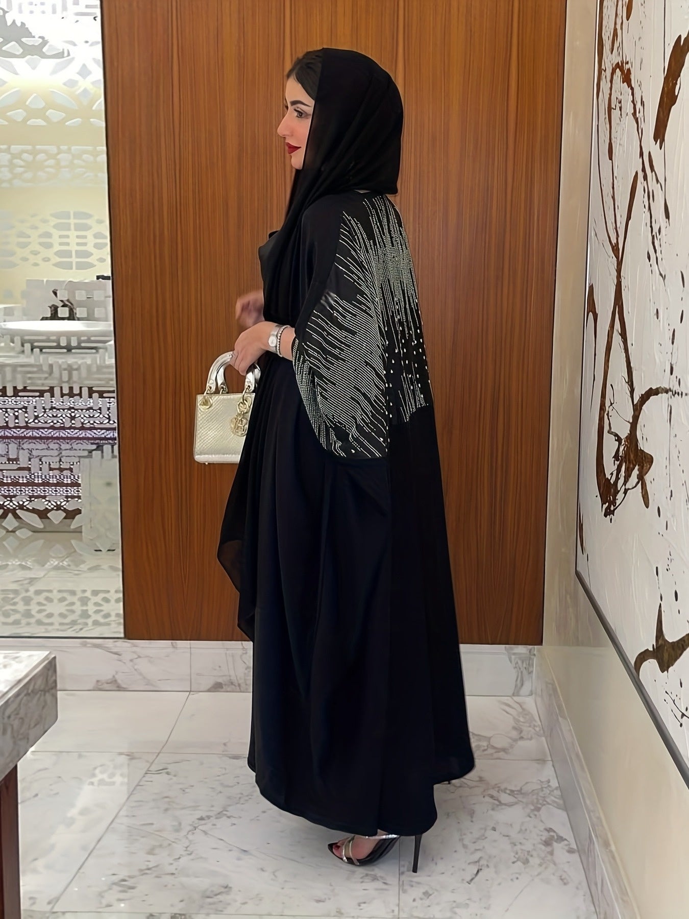Elegant Rhinestone-Embellished Batwing Sleeve Butterfly Abaya - Solid Black Modest Muslim Women's Long Robe, Machine Washable All-Season Party & Formal Evening Gown