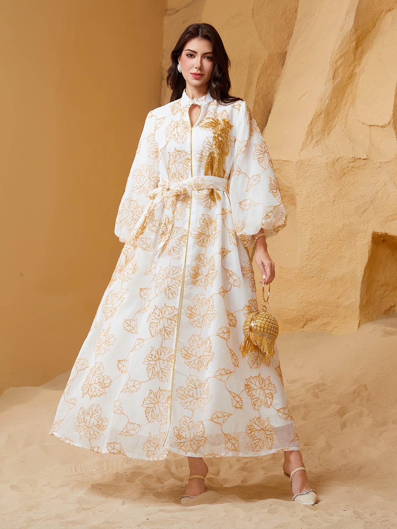 Oriental Style Regular Formal Dress Women's Abaya with Sequins and Mesh Stand Collar, Light Luxury Evening Gown for Festive Occasions - Turkish Jalabiya