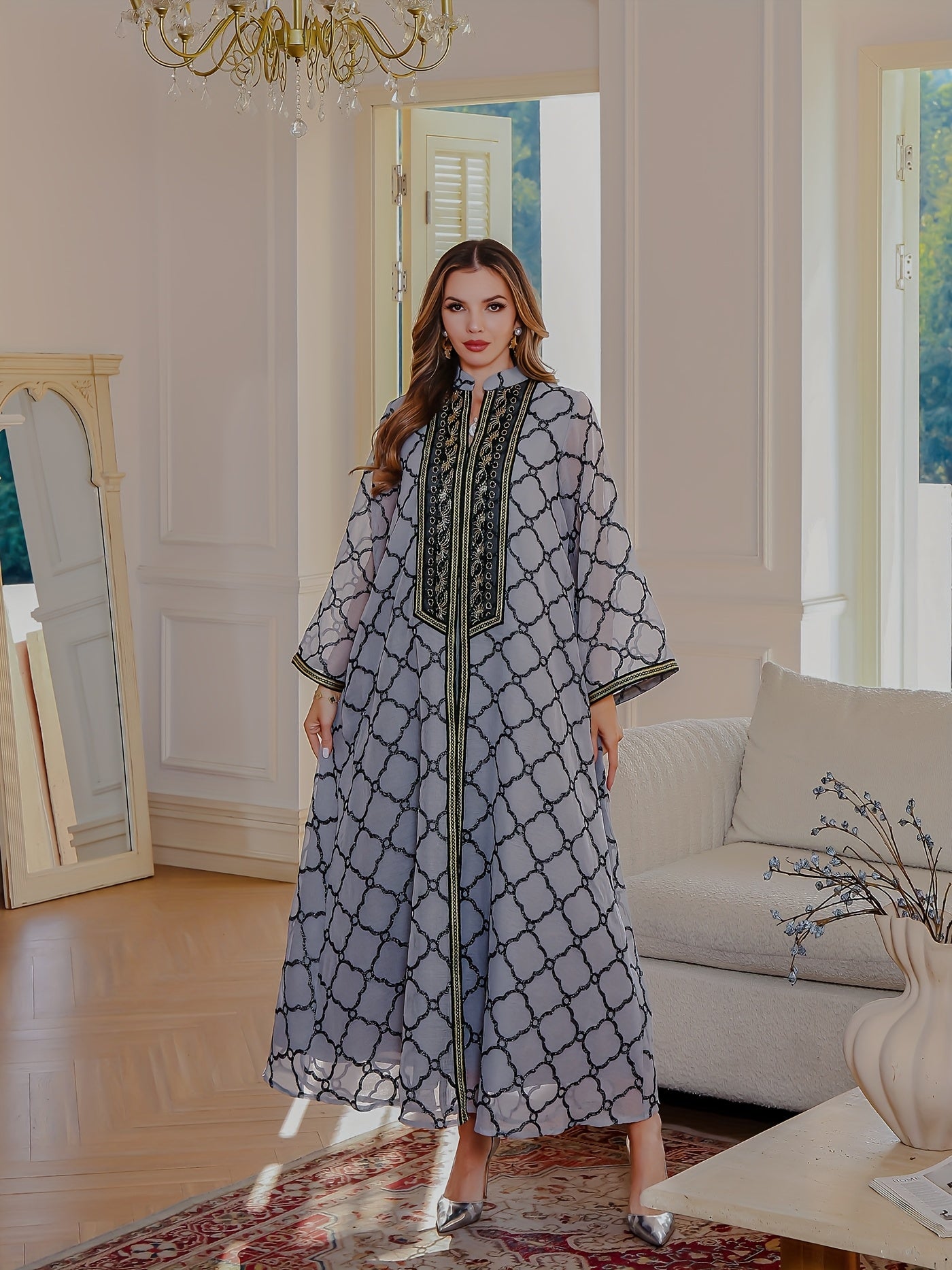 Elegant Black & White Geometric Sequin Embroidered Abaya - Long Sleeve Maxi Dress with Belt, Middle East Dubai Style Evening Gown for Women, Handmade Luxury Robe for Formal Occasions