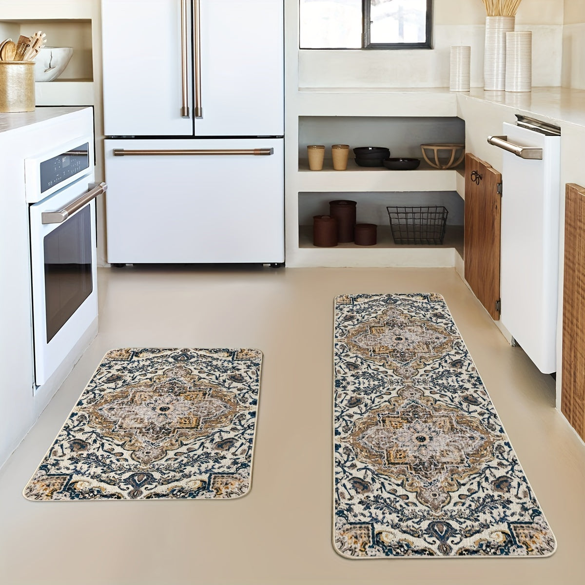 2pcs/set Flowers Bohemia Kitchen Mats, Daily Boho Home Decor Low-Profile Kitchen Rugs For Floor - 17x29 Inches And 17x47 Inches