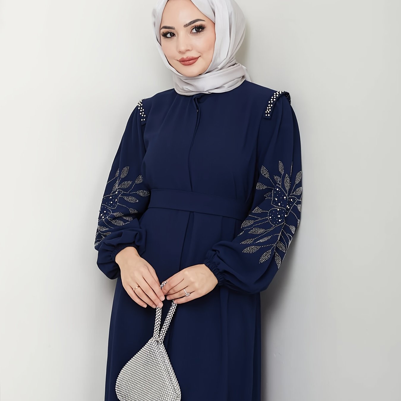 Elegant Middle Eastern-Inspired Rhinestone & Pearl Embellished Long Palestinian Abaya Dress - 100% Polyester Solid Black Floor-Length with Belt, Hand Wash Only for Modest Women