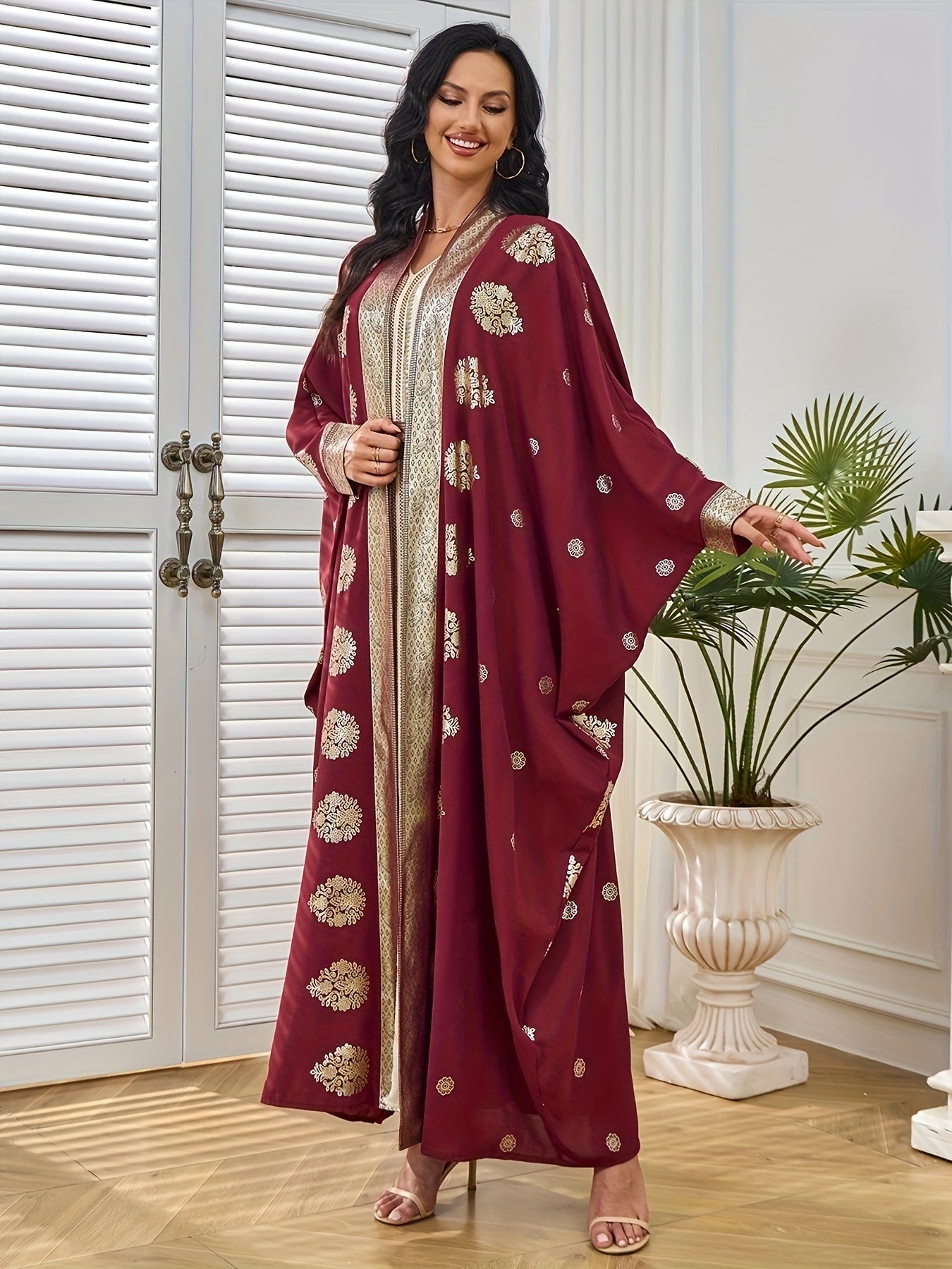 Elegant Maroon & Beige Two-Piece Traditional Dress with Golden Embellishments - Long Sleeve Kaftan Abaya with Batwing Sleeves, Floor-Length Gown for Weddings & Formal Events