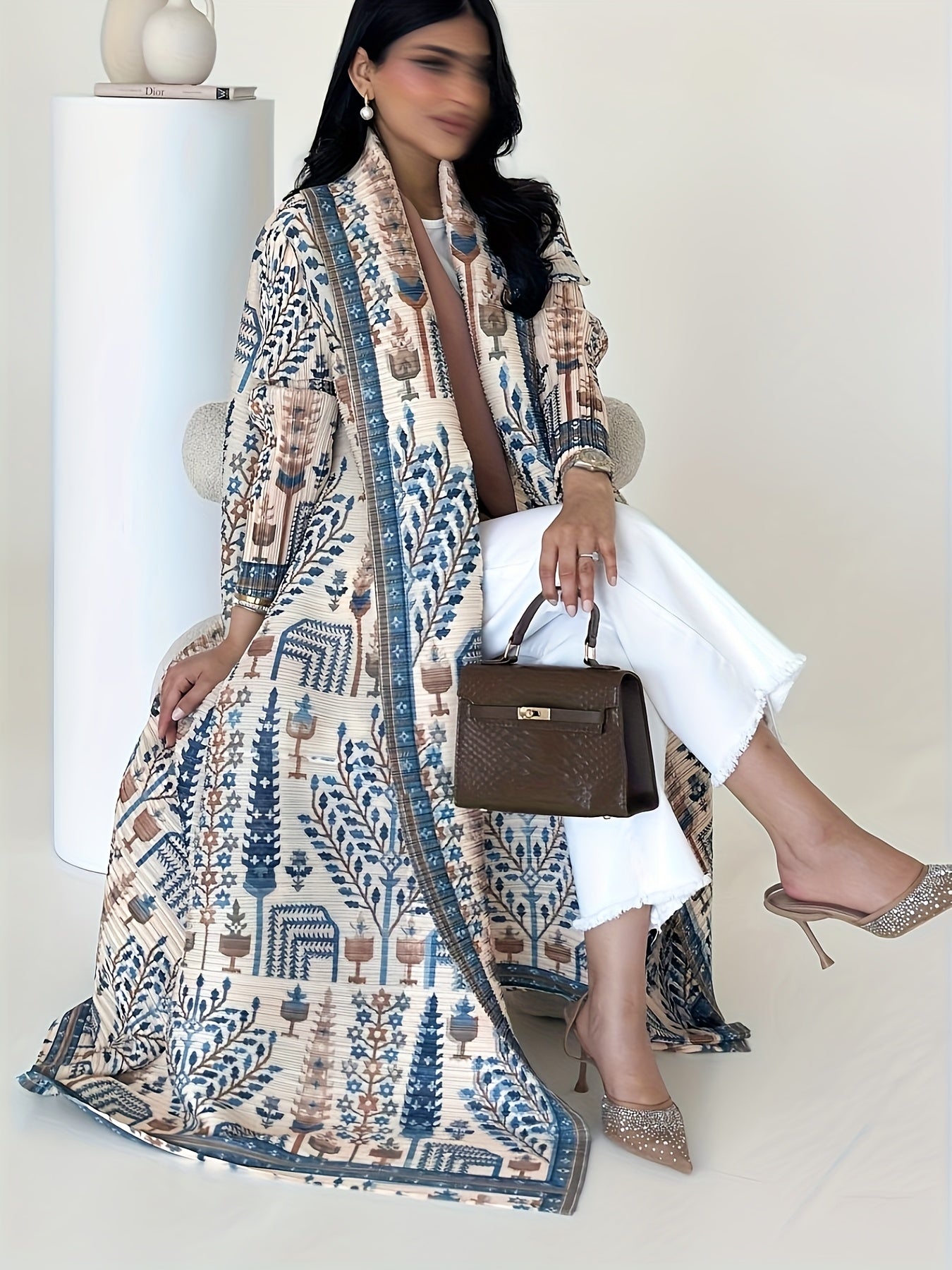 Elegant Palace-Style Geometric Print Robe - Lightweight High-Stretch Polyester Open-Front Abaya with Adjustable Drawstring Waist, Long A-Line Loose Fit for Spring/Autumn