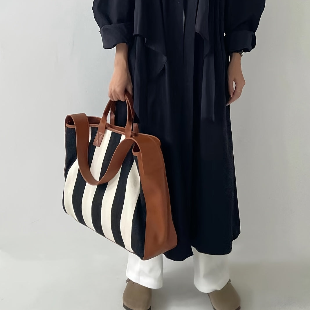 Genuine Leather & Large Capacity Striped Tote Bag for Women - 15-inch Laptop Compartment, Magnetic Closure