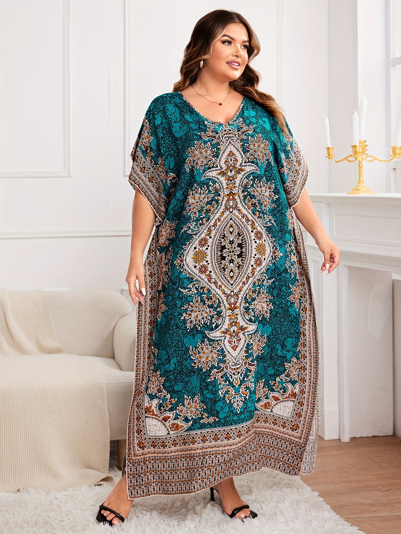 Plus Size, European and American Plus Size Women's Bohemian Vacation Dress with Middle Eastern Kaftan Abaya Style