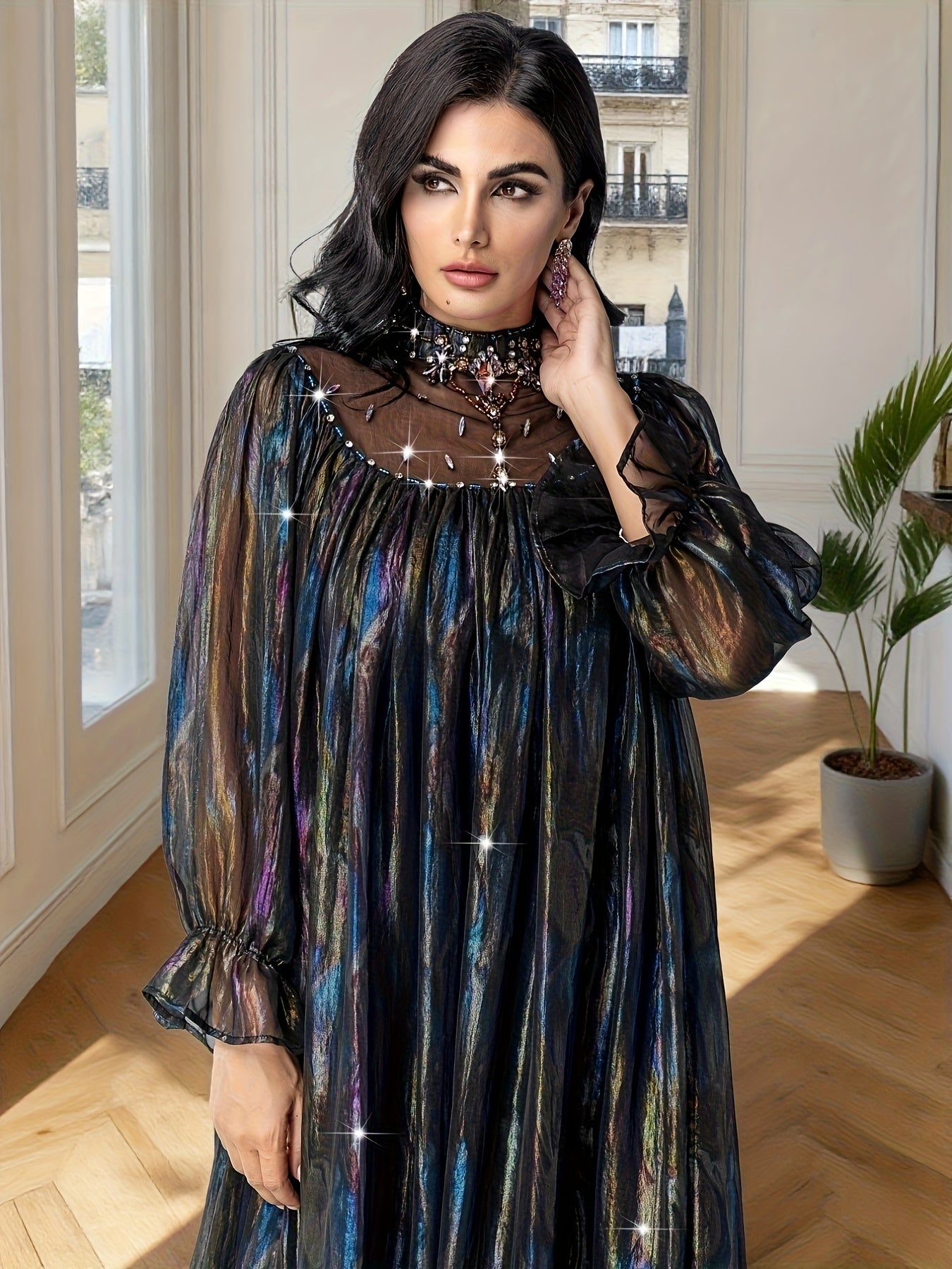 Elegant Rhinestone-Embellished kaftan Abaya Dress with Iridescent Shimmering Fabric, Arabian-Inspired Lantern Sleeves & Long Train - Hand Wash Only Traditional Formal Wear for Weddings